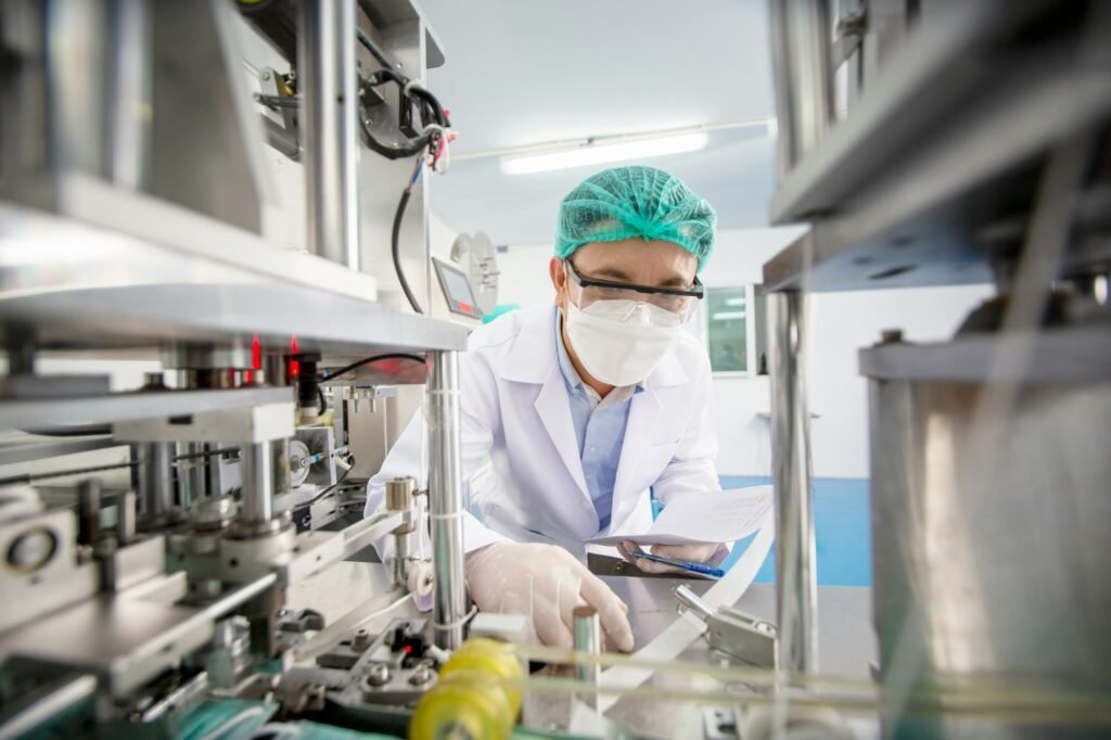 Mid adult male engineer examining machine part on a production line in a factory.